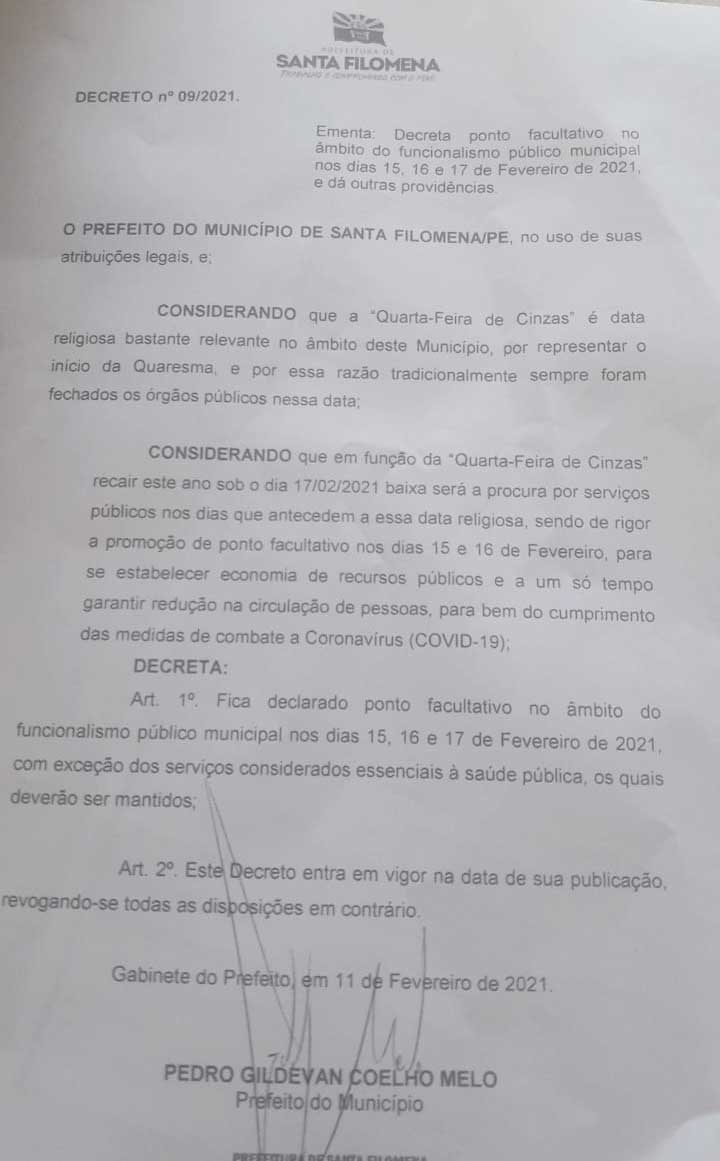 Santa Filomena: Prefeitura decreta ponto facultativo dias 15, 16 e 17 no carnaval