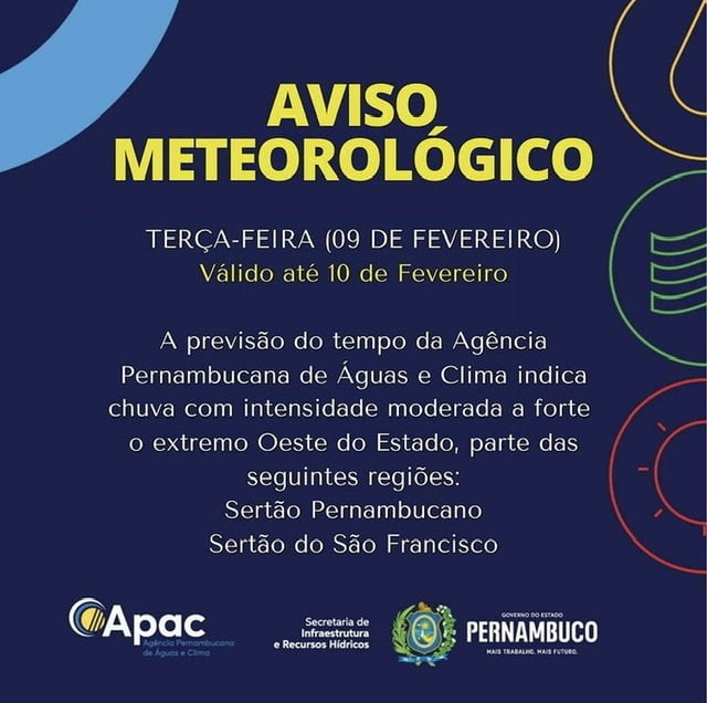 Apac emite Aviso Meteorológico para as regiões do Sertão do São Francisco e Sertão de Pernambuco