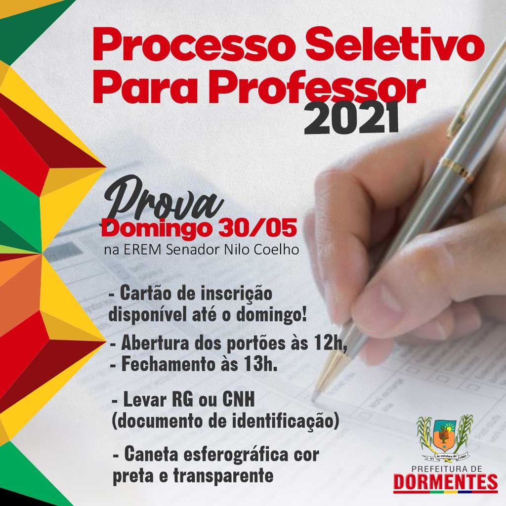 Candidatos já podem acessar o cartão de inscrição para o Processo Seletivo de Professores da rede municipal de Dormentes