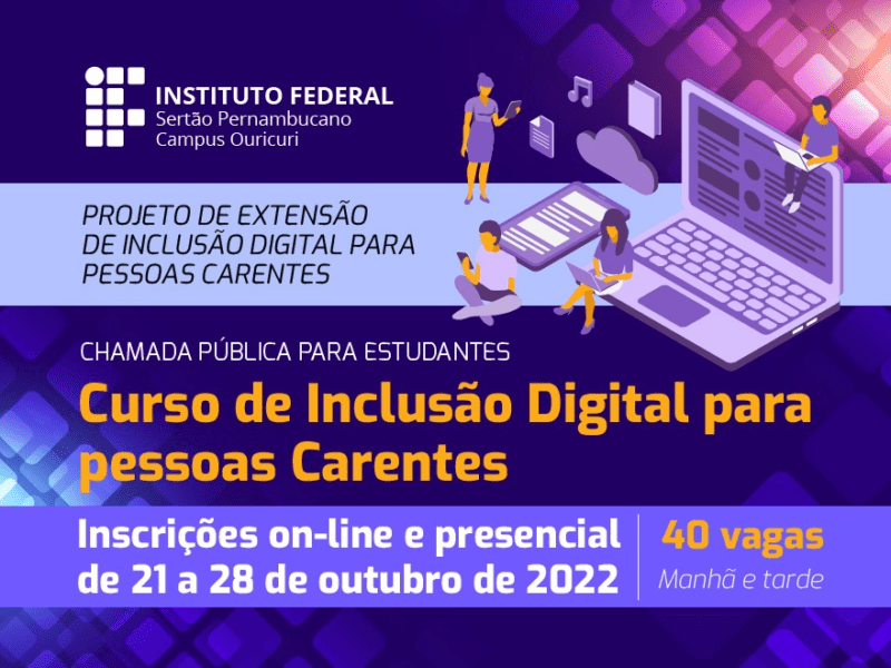 Inscrições para curso de Inclusão Digital para pessoas carentes estão abertas até o dia 28 de outubro