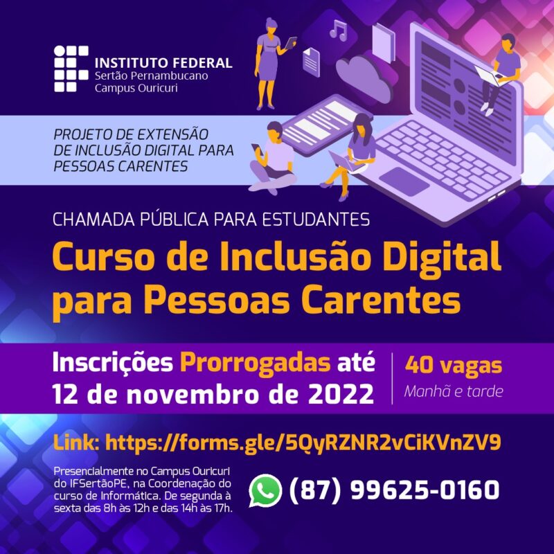 Inscrições para curso de Inclusão Digital para pessoas carentes foram prorrogadas até o dia 12 de novembro