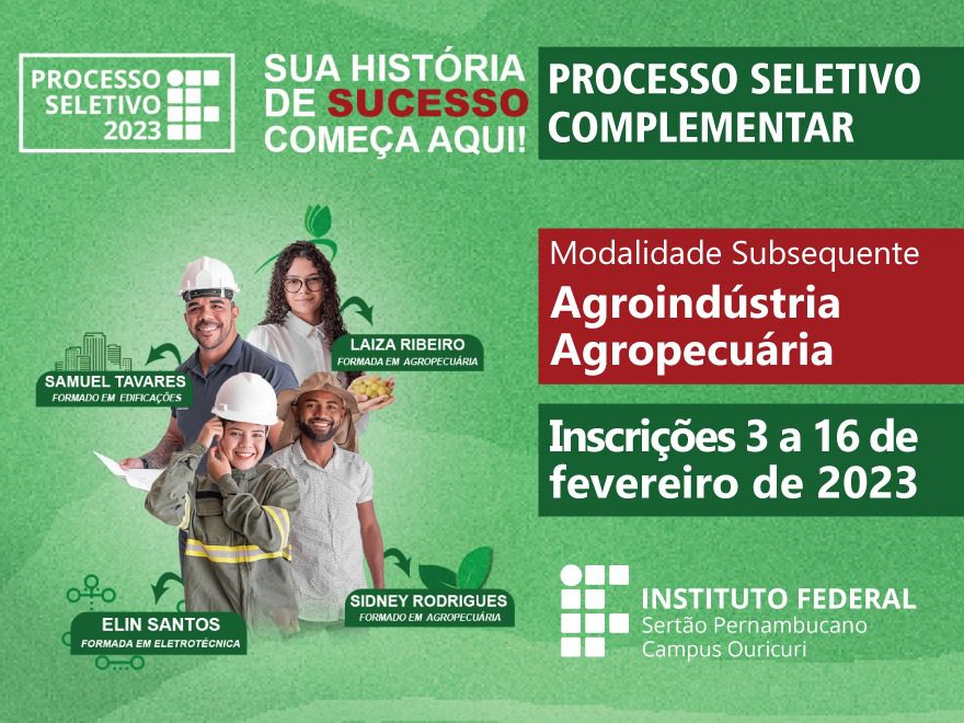 Campus Ouricuri está com inscrições abertas até 16 de fevereiro para vagas complementares em Agropecuária e Agroindústria