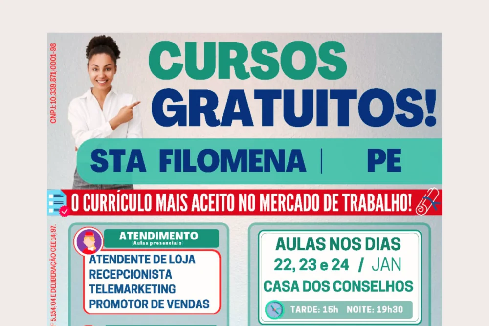 Oferta de cursos gratuitos em Santa Filomena (PE); realização Infocp Cursos, apoio Prefeitura