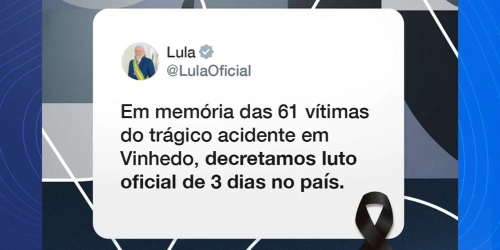 Governo Federal decreta Luto Oficial de três dias em homenagem às 61 Vítimas do acidente aéreo em Vinhedo